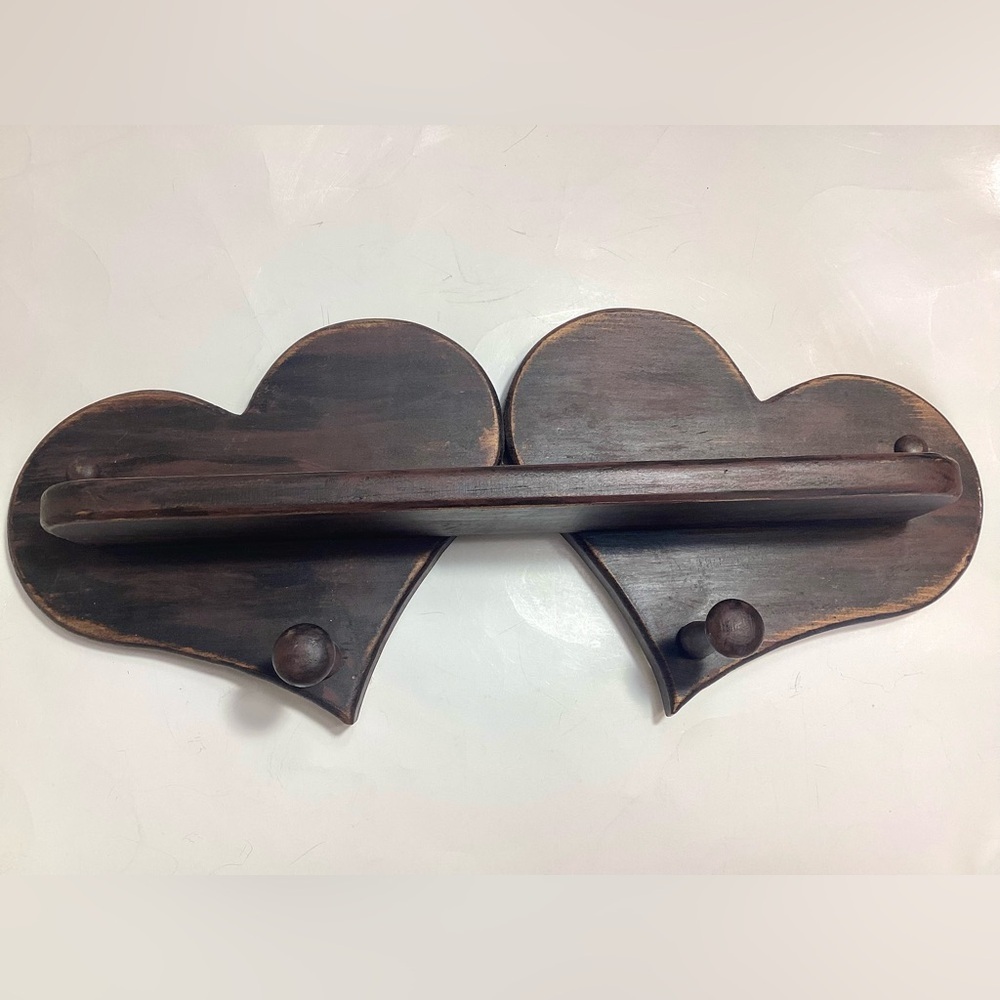Vtg Wooden Double Heart Display Peg Shelf 19” Dark Brown